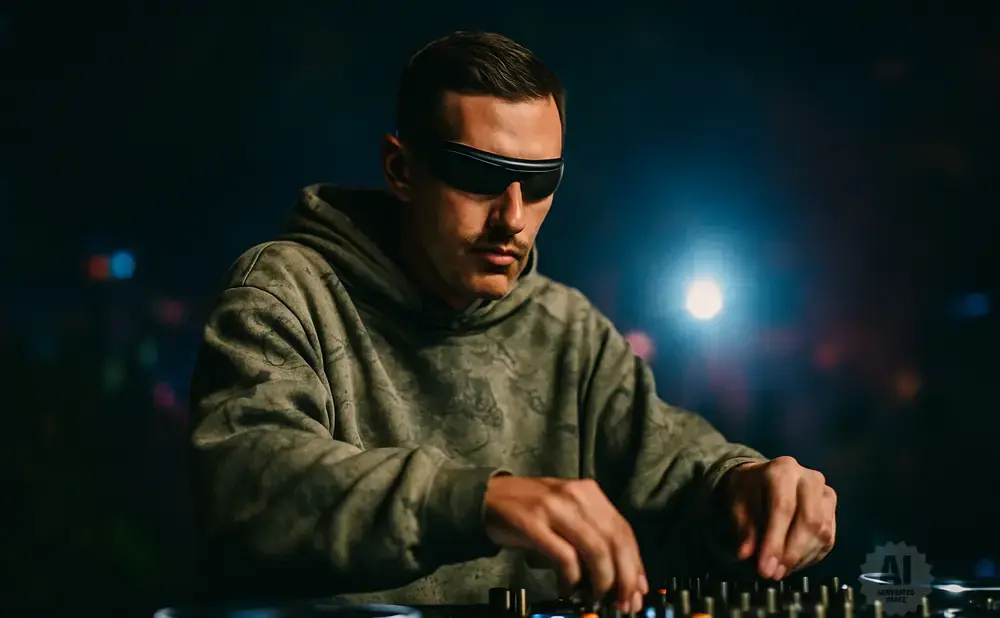 A DJ wearing futuristic black sunglasses and a camouflage hoodie mixes music on a console in a dark, atmospheric setting.