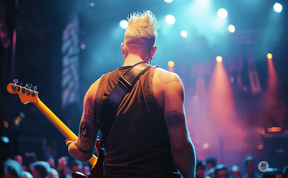 A guitarist with a mohawk, back to the camera, plays a yellow bass guitar on a stage with colorful lighting.