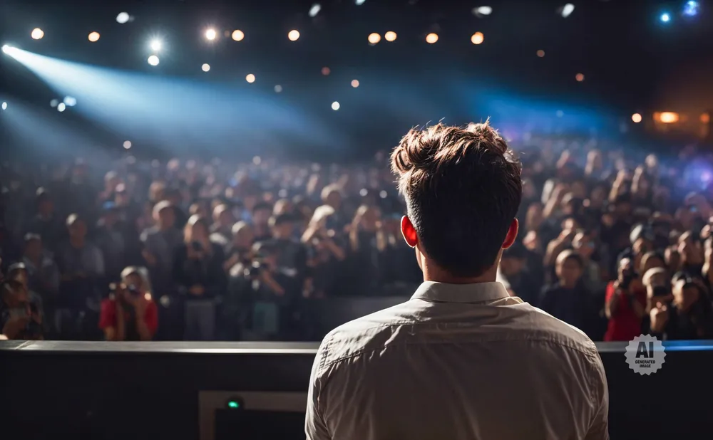 Man in white shirt stands on stage facing a large, cheering crowd illuminated by stage lights.