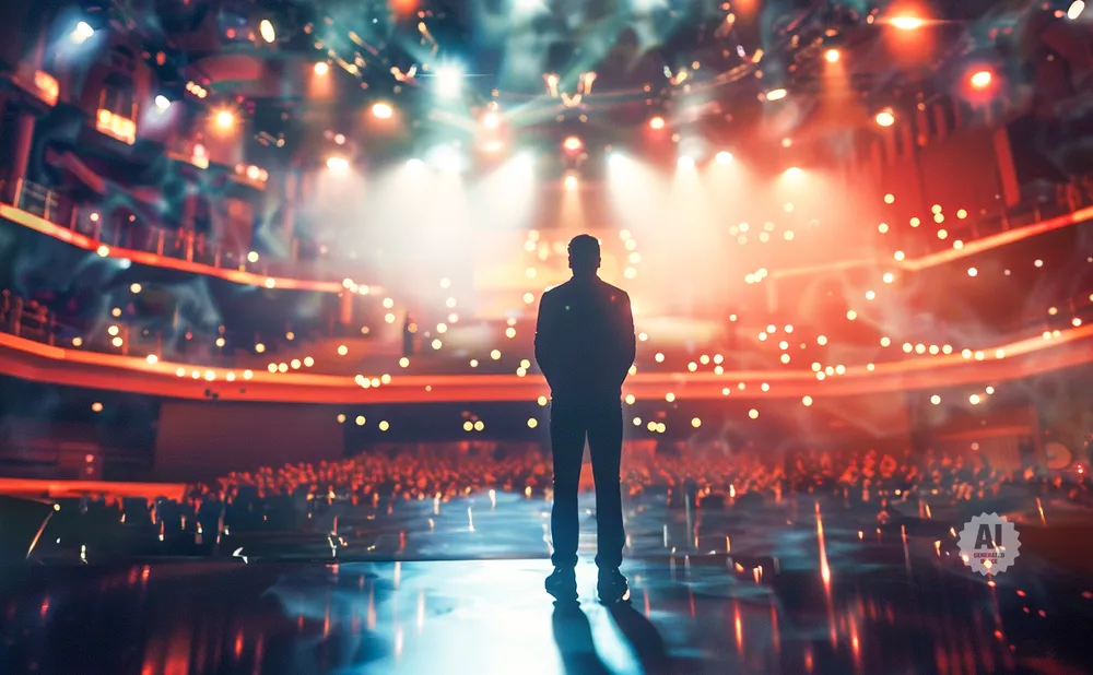 Silhouette of a man on a stage facing a brightly lit, cheering audience in a concert hall.