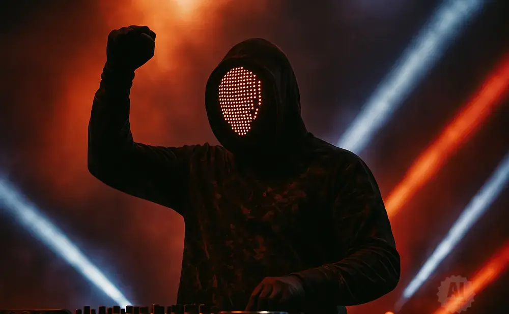 A DJ in a LED mask and hoodie raises a fist on stage with red and blue lights.