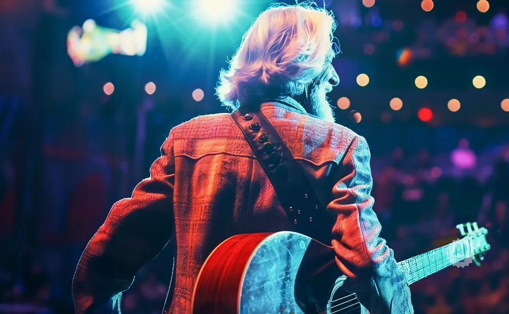 A man with long white hair plays an acoustic guitar on a brightly lit stage, viewed from behind.