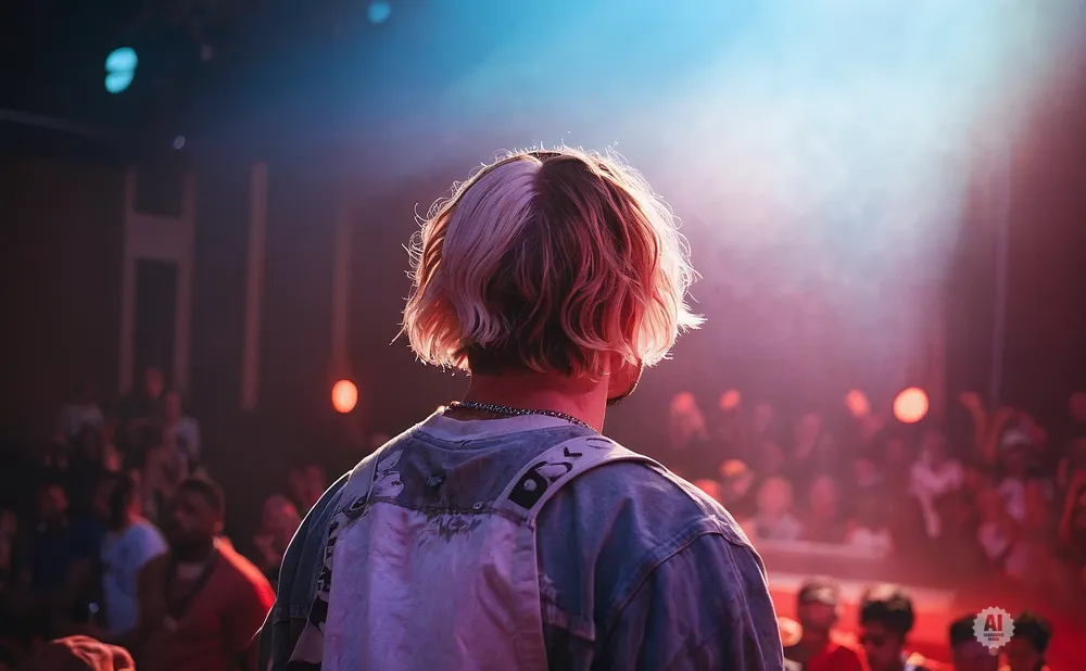 Back view of person with two-toned hair on stage in front of a blurred crowd, illuminated by stage lights.