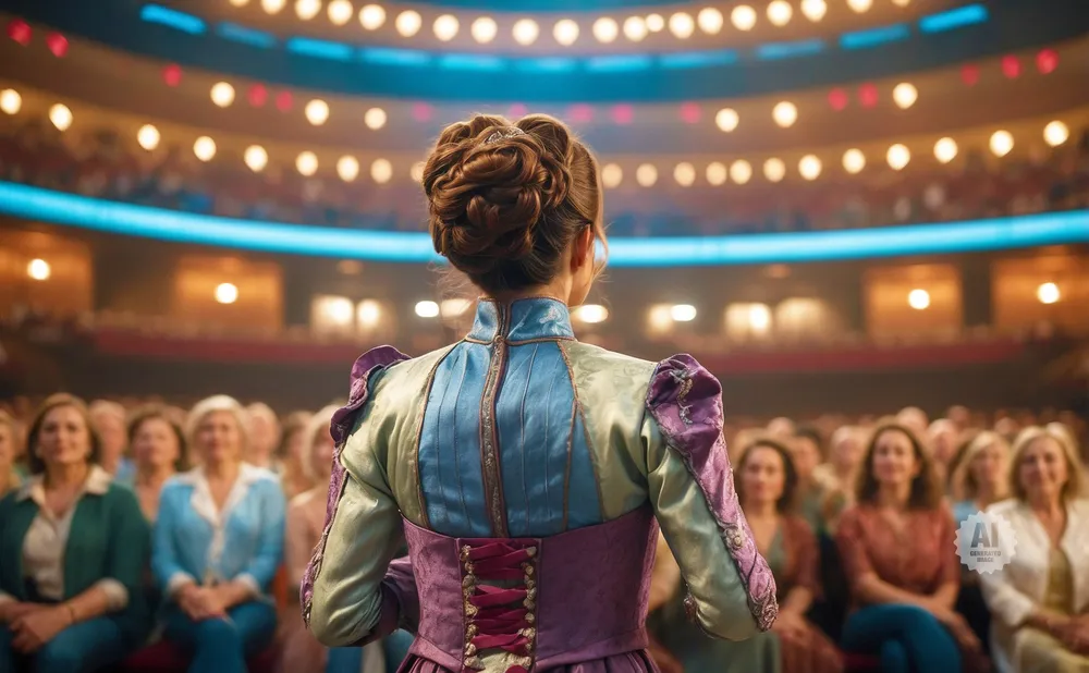 Woman in ornate costume faces an audience in a theater, illuminated by stage lights.