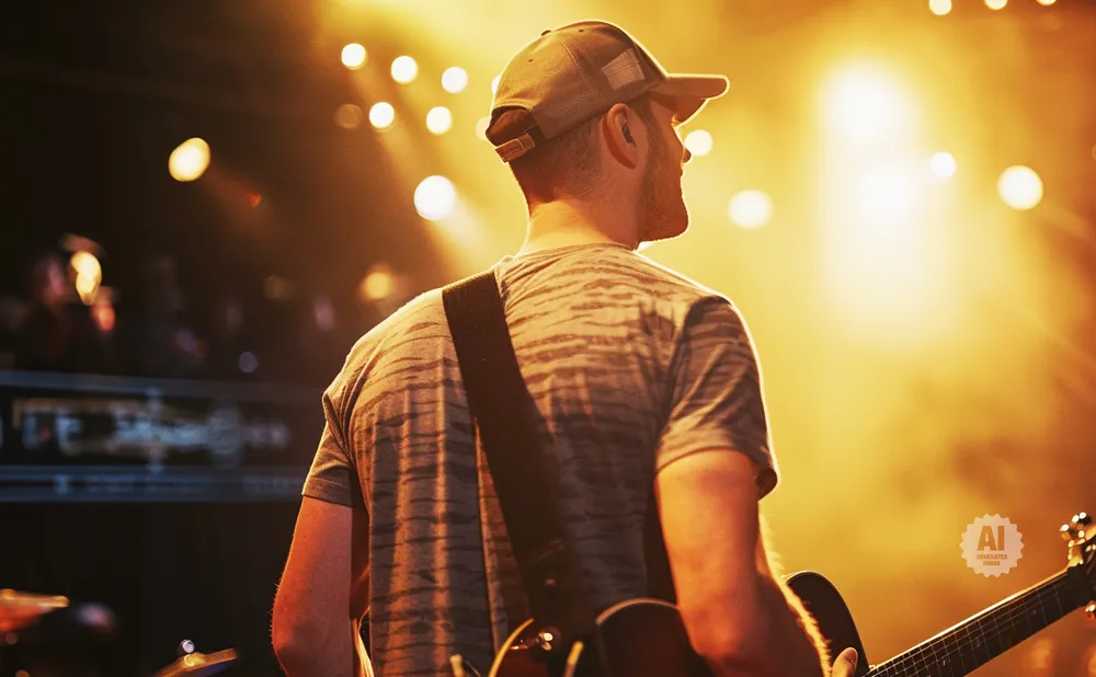 A guitarist in a cap and striped shirt performs on a brightly lit stage, holding his guitar.