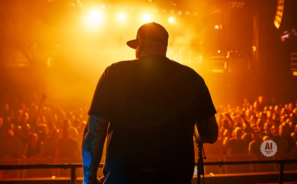 A person in a black shirt and baseball cap stands on a stage with a crowd watching, bathed in orange light.