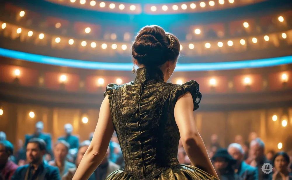 Woman in ornate dress facing away from camera, on stage in a lit theater with an audience.