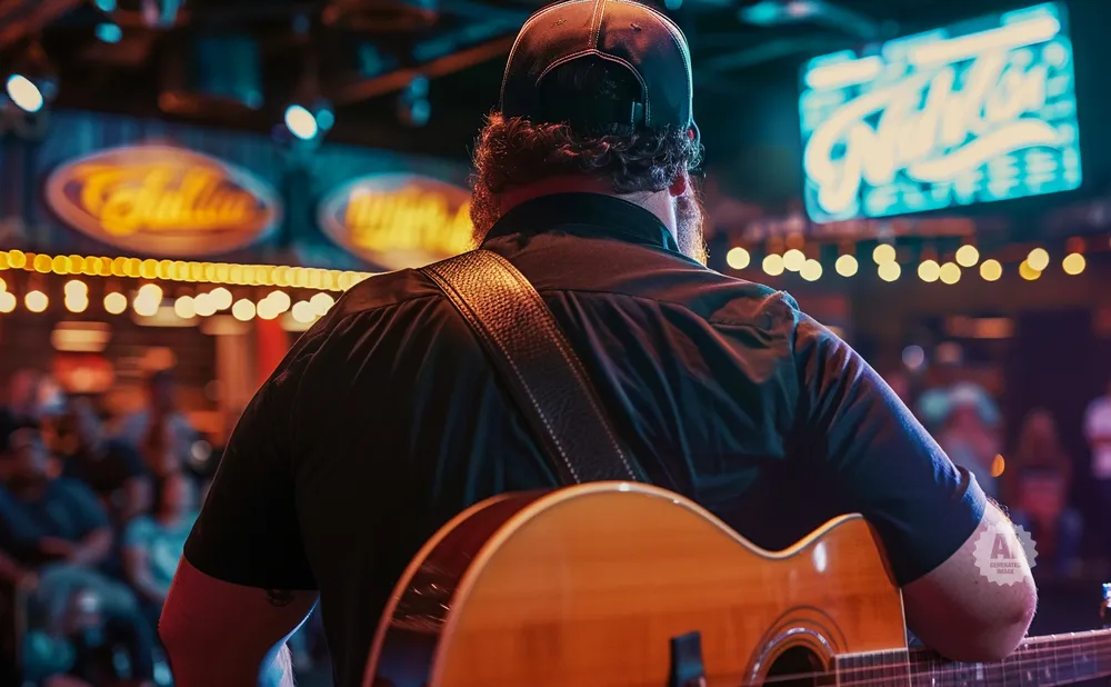 Musician with guitar on stage in front of a neon sign and blurred audience.