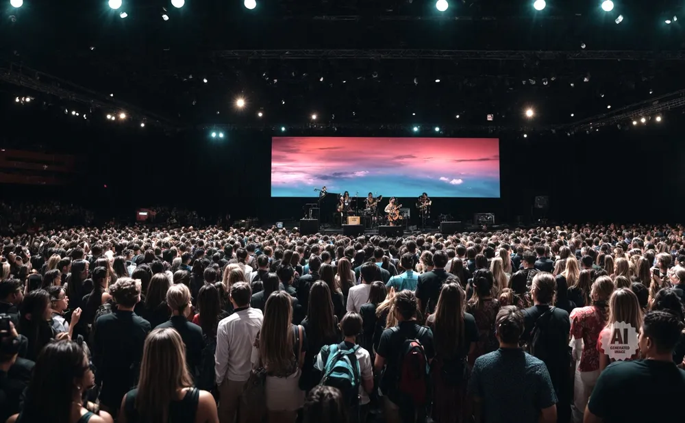 A band performs on stage before a large crowd at a conference with an AI-generated image display.