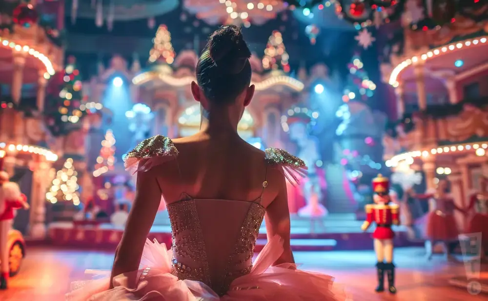 A ballerina in a pink tutu looks out at a Nutcracker-themed stage with festive lights and decorations.