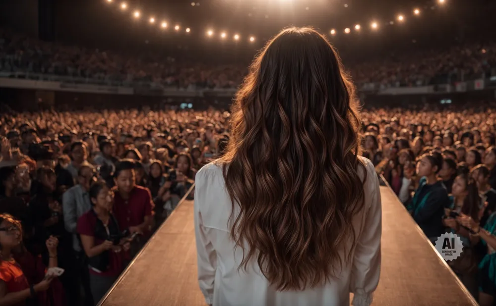 A woman with long, wavy brown hair stands facing a large, cheering crowd in a dimly lit auditorium.
