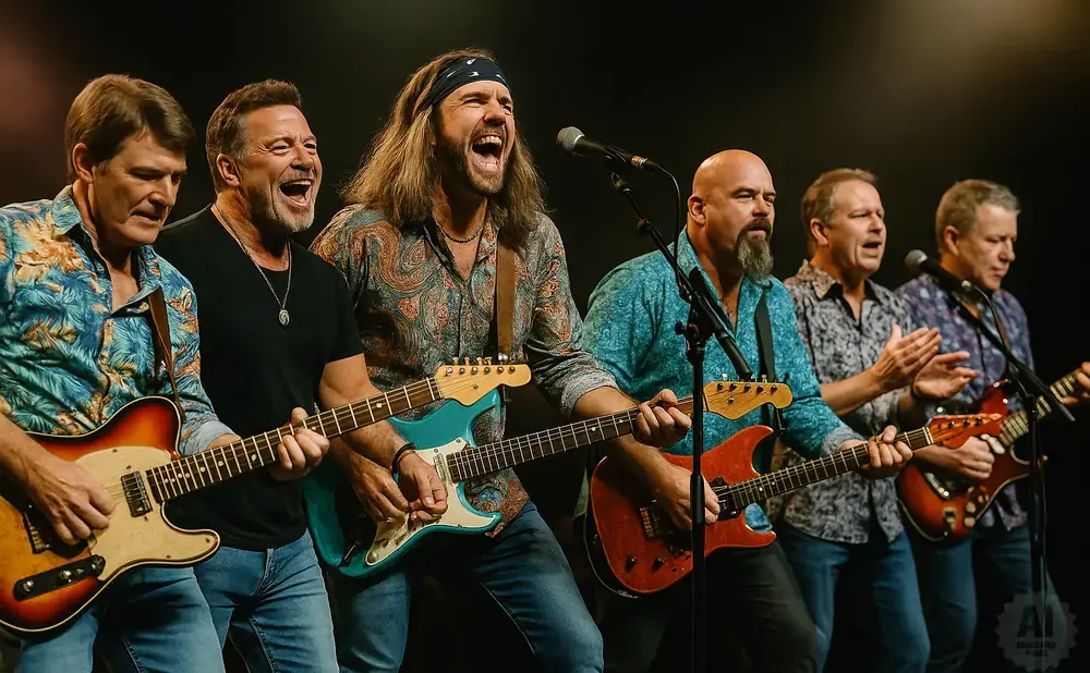A band of seven men play guitars and sing on a stage with a dark background.