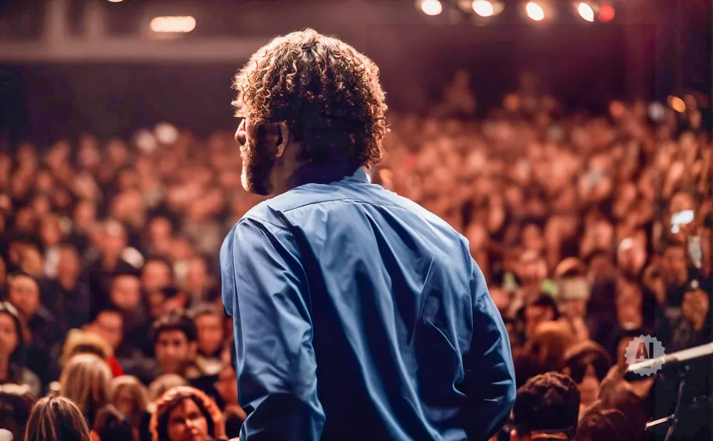 Man with curly hair on stage facing a large audience.