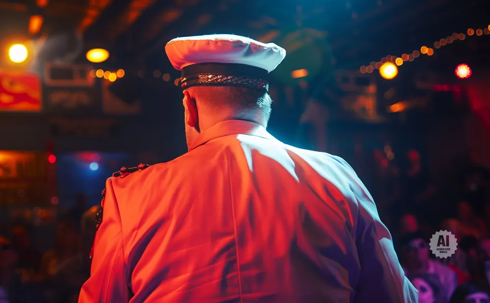 A person in a white captain's hat and a red jacket stands on stage in front of a blurred audience.