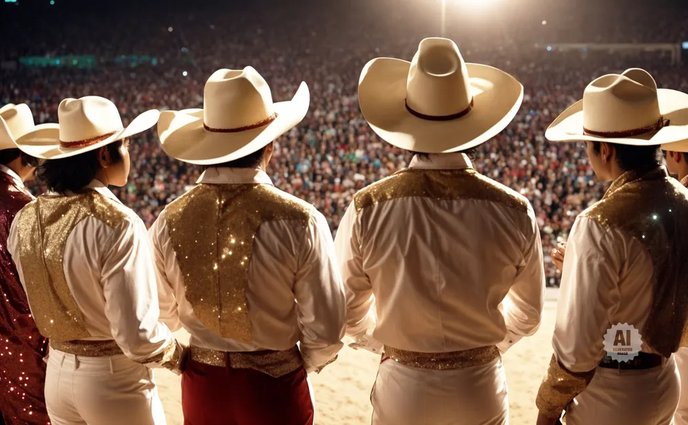 Group of men in cowboy hats and sparkly shirts on stage in front of a crowd.