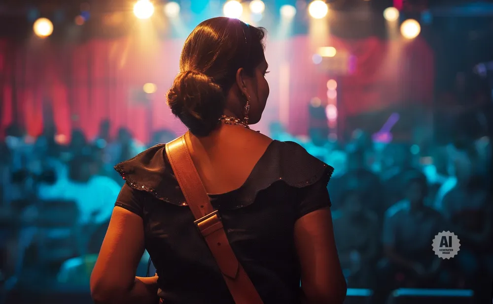Woman with guitar strap on shoulder facing away from camera, on stage in front of a blurred audience.