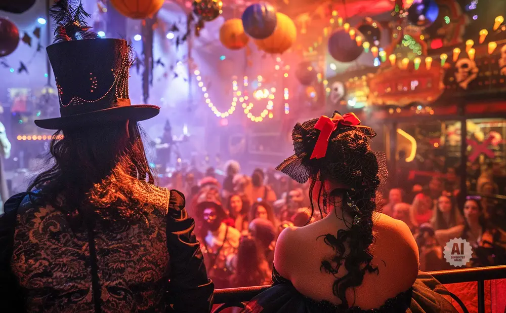 Two people in ornate costumes at a spooky Halloween party.