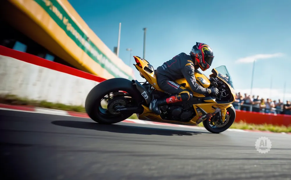 A yellow motorcycle and rider race around a track with spectators in the background.
