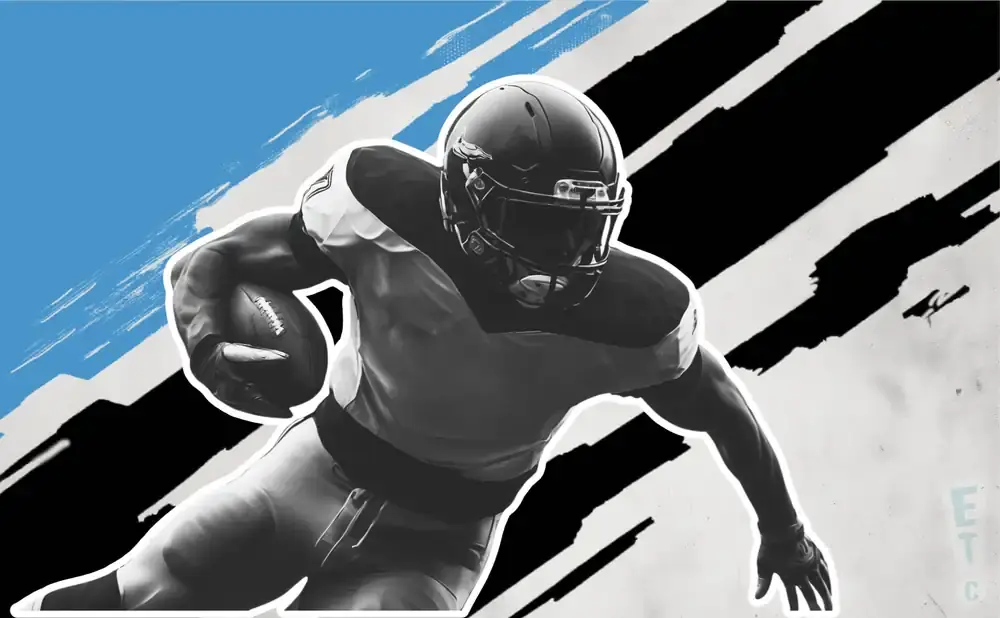 A black and white illustration of a football player running with a ball.