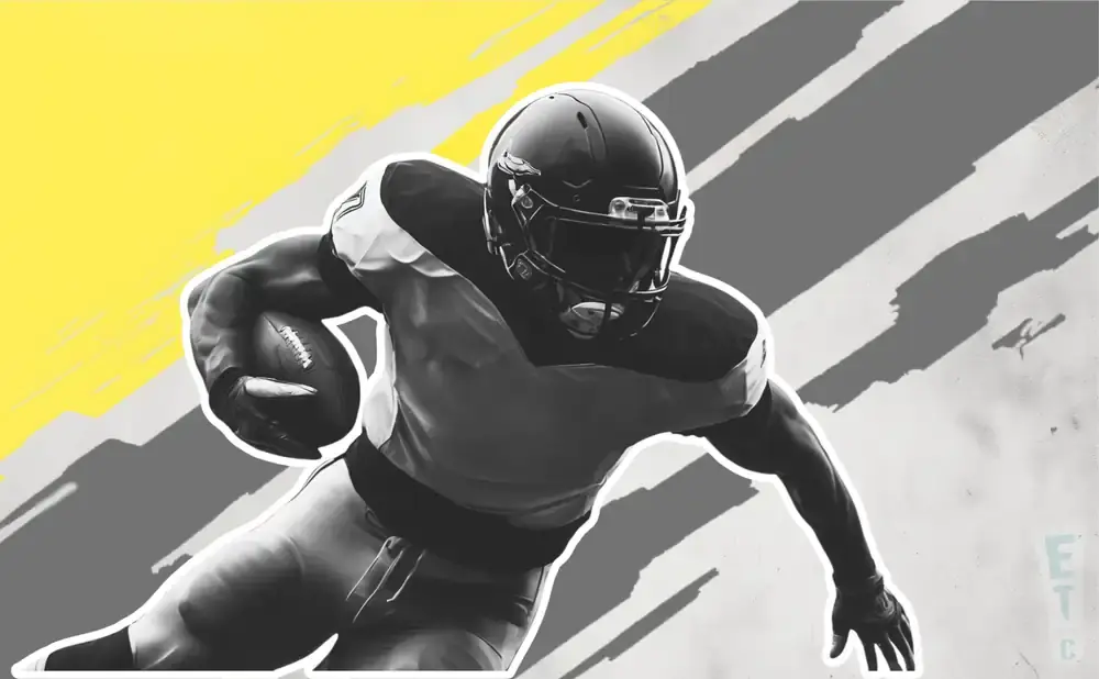 A football player in a black helmet and uniform runs with the ball, set against a yellow and grey abstract background.