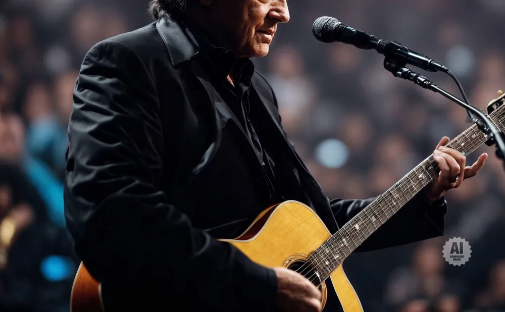 Man in a black suit plays an acoustic guitar on stage, with a microphone in front of him.