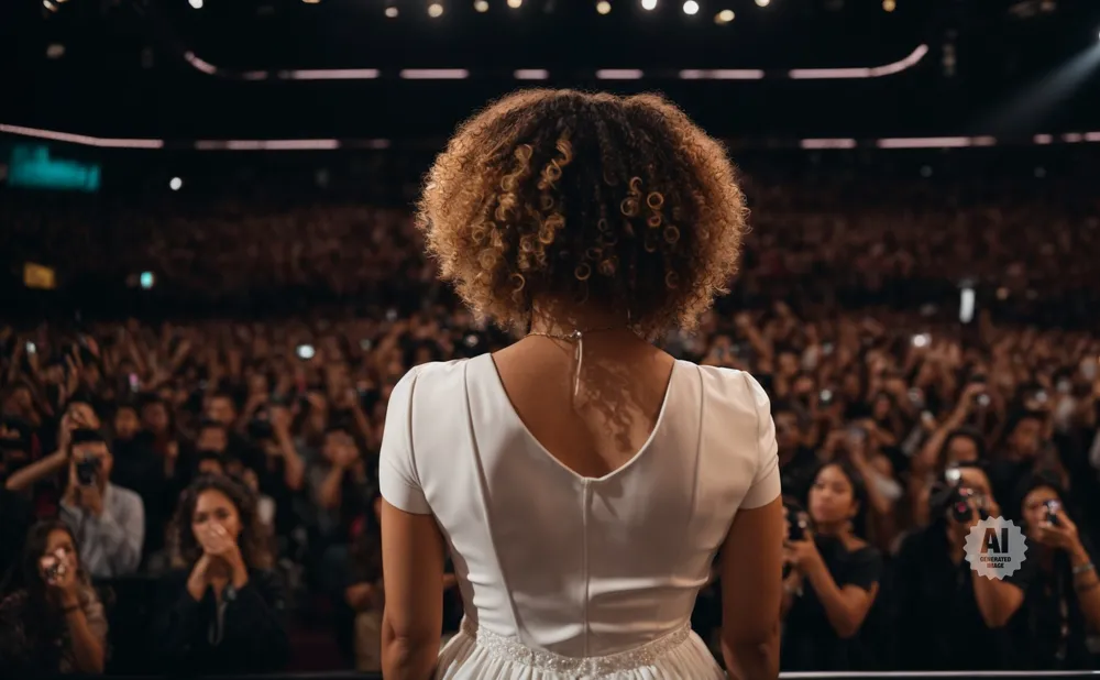 A woman with curly hair in a white dress stands facing a large, cheering crowd.