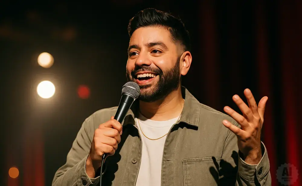 A smiling man with a beard holds a microphone and gestures with his hand while on stage.