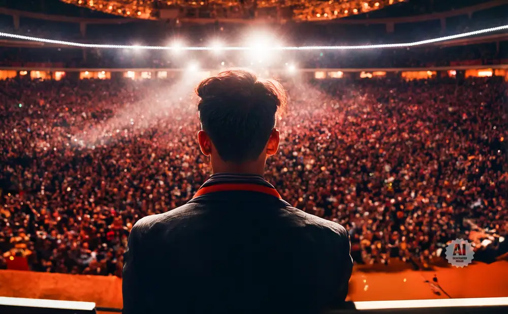 Man in suit facing a large, cheering crowd in a stadium.