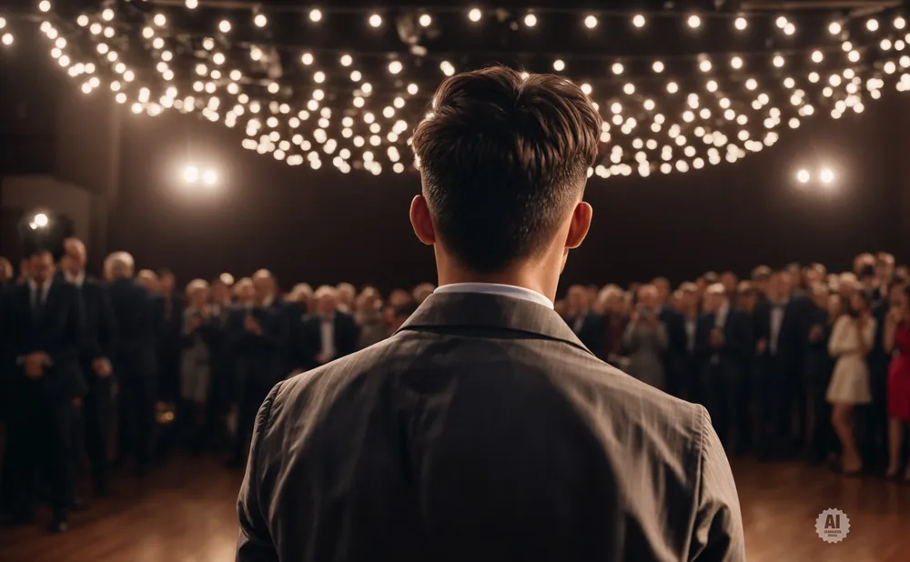 Man in a suit facing a crowd under a ceiling of string lights.