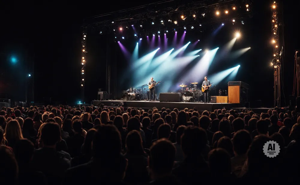 A band performs on a stage with dramatic lighting to a large, silhouetted audience.