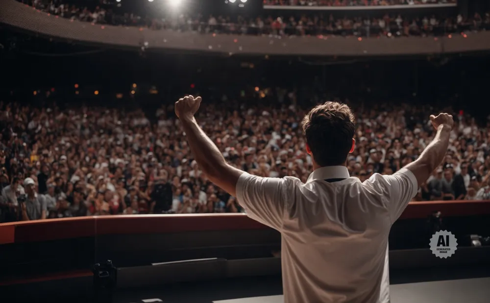 A man in a white shirt with his arms raised in a stadium full of cheering people.