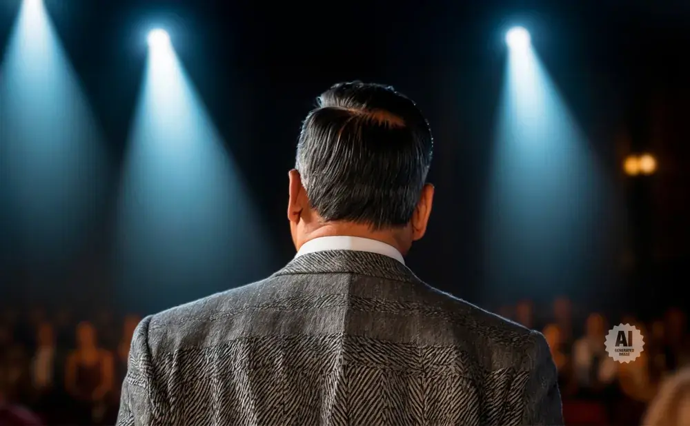 Man in suit facing away from camera, illuminated by stage lights.