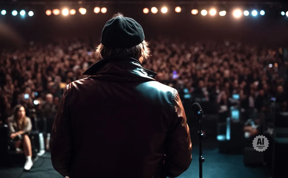 Person in leather jacket and cap facing a large audience, with stage lights and a microphone.
