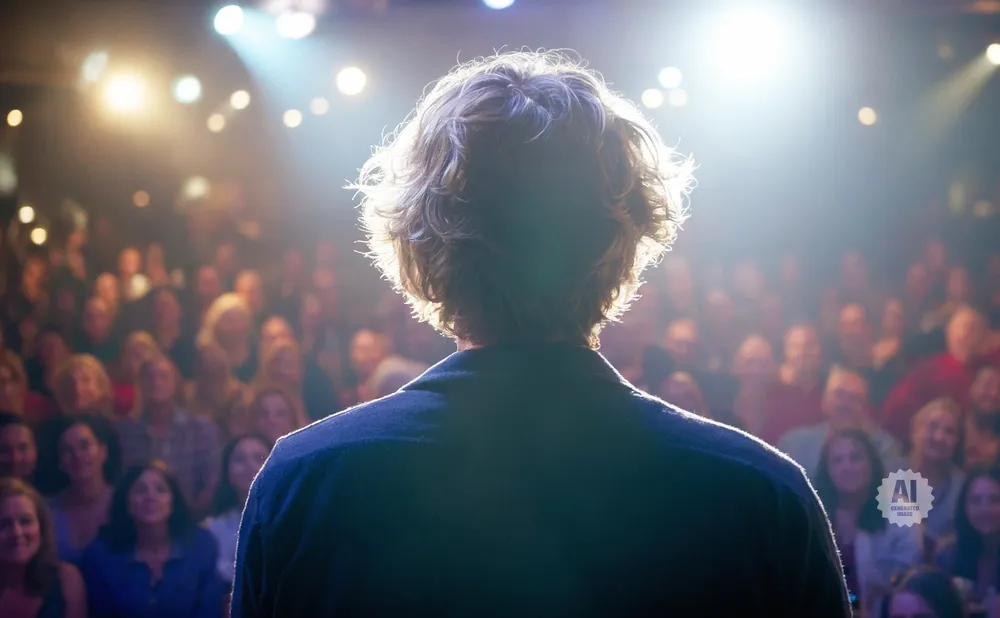 Back view of a person with wavy hair speaking to a blurred audience under bright stage lights.