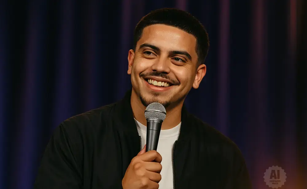 A man with short dark hair, a mustache, and a goatee smiles into a microphone.