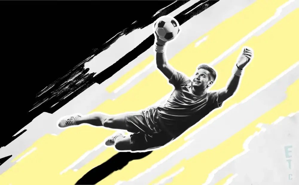 A soccer goalie catches a ball mid-air, with dynamic yellow and black brush strokes in the background.