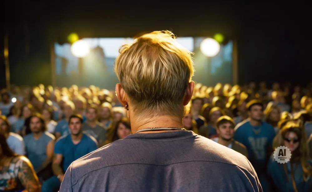 Back view of a blond man in a purple shirt facing a large audience at an outdoor concert.
