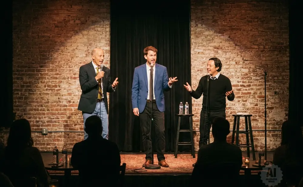 Three men on a stage with brick backdrop, two holding microphones, performing for an audience.