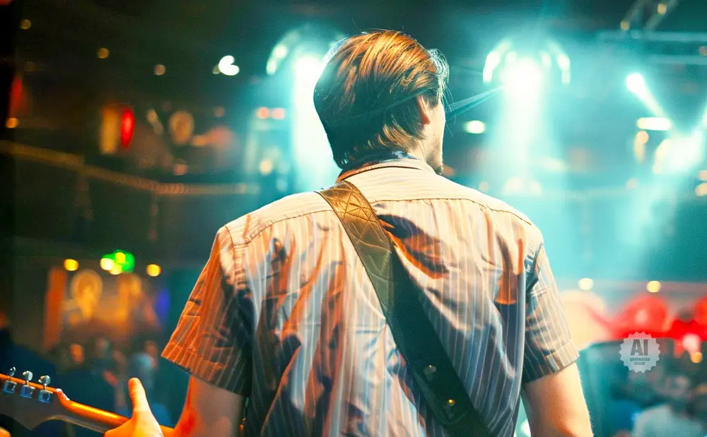 Musician with guitar on stage, back to camera, under bright lights.