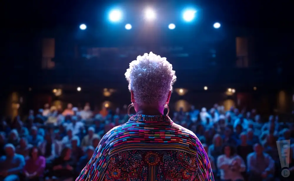 A speaker with a colorful jacket stands on stage facing a seated audience.
