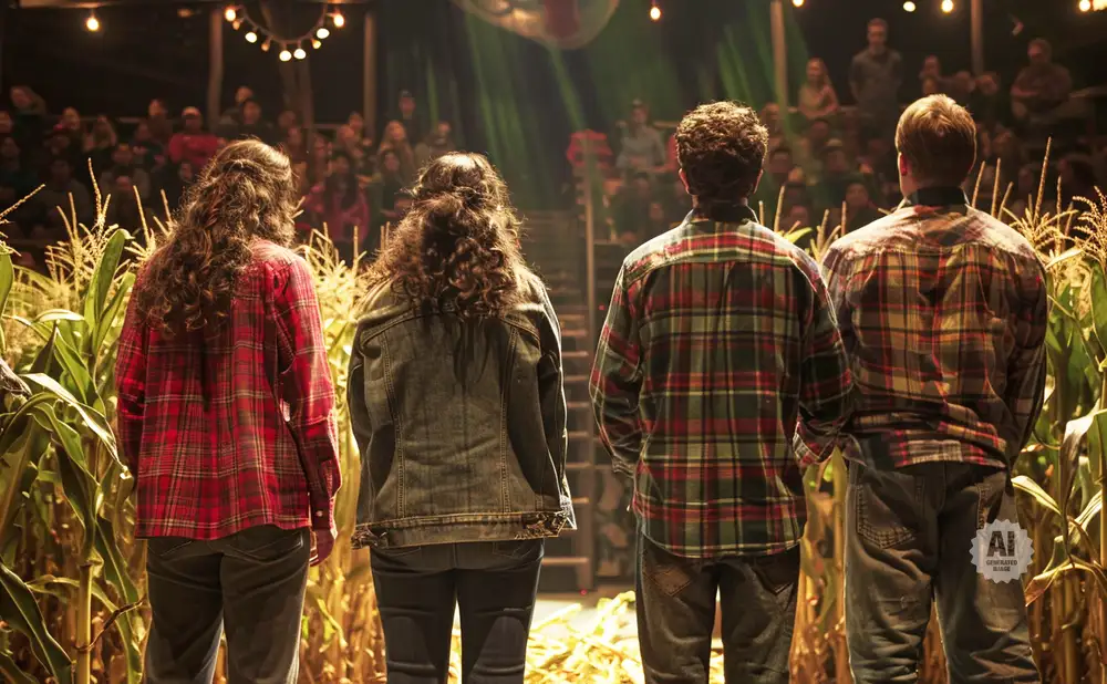 Four people in flannel shirts stand facing away from the camera, in front of a cornfield and an audience.