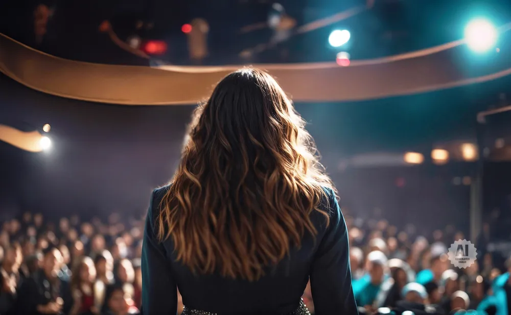 Woman with wavy brown hair facing a large, blurred audience in a dimly lit venue with stage lights.