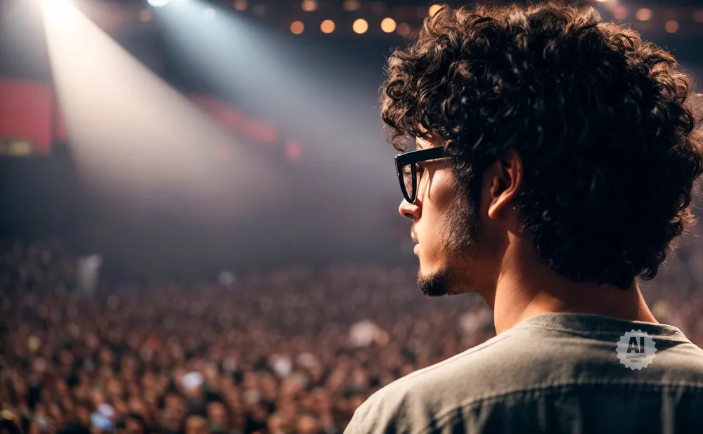 Man with curly hair and glasses on stage facing a large crowd.