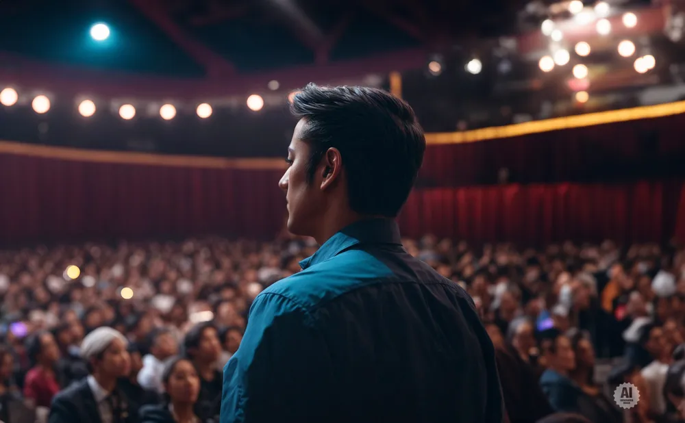 Man in a teal shirt facing a large, blurred audience in a theater.