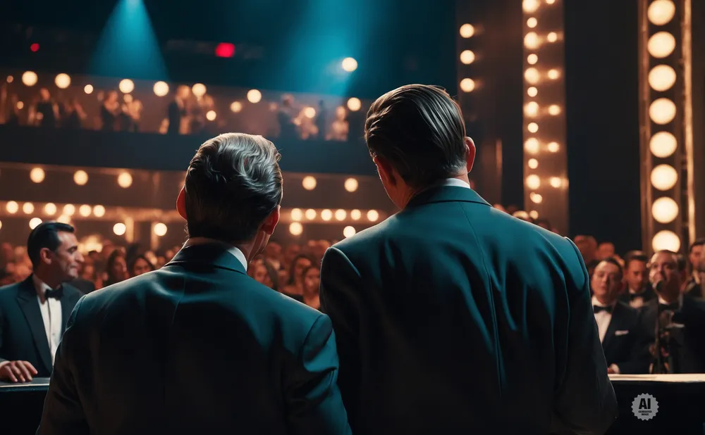 Two men in suits face away from the camera, looking at an audience and a stage lit by spotlights and strings of bulbs.