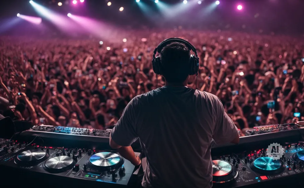 DJ with headphones plays music for a large, energetic crowd at a concert, illuminated by colorful lights.