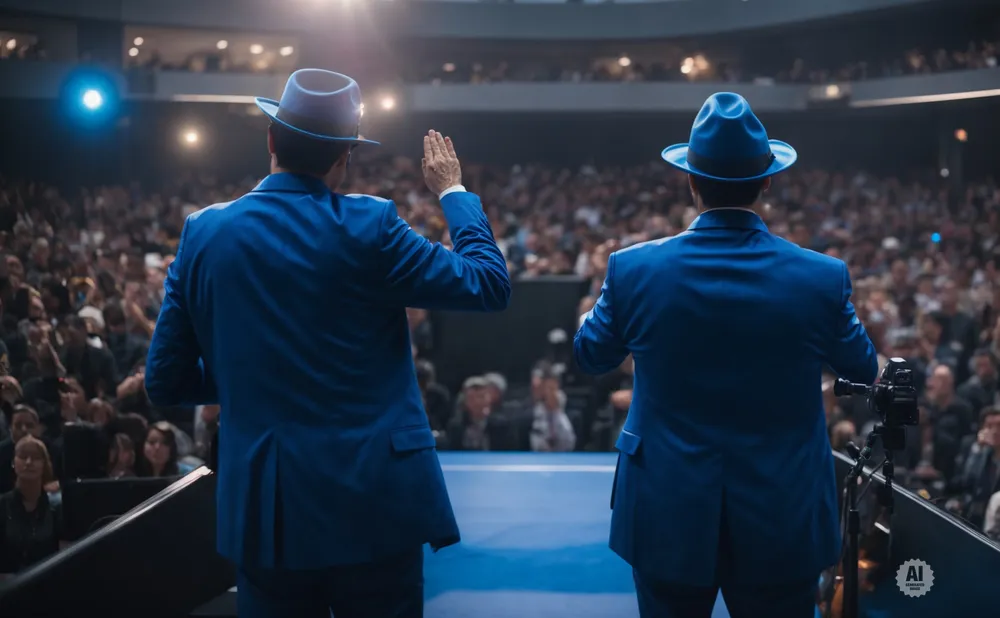 Two men in matching blue suits and hats stand on a stage, facing an audience.
