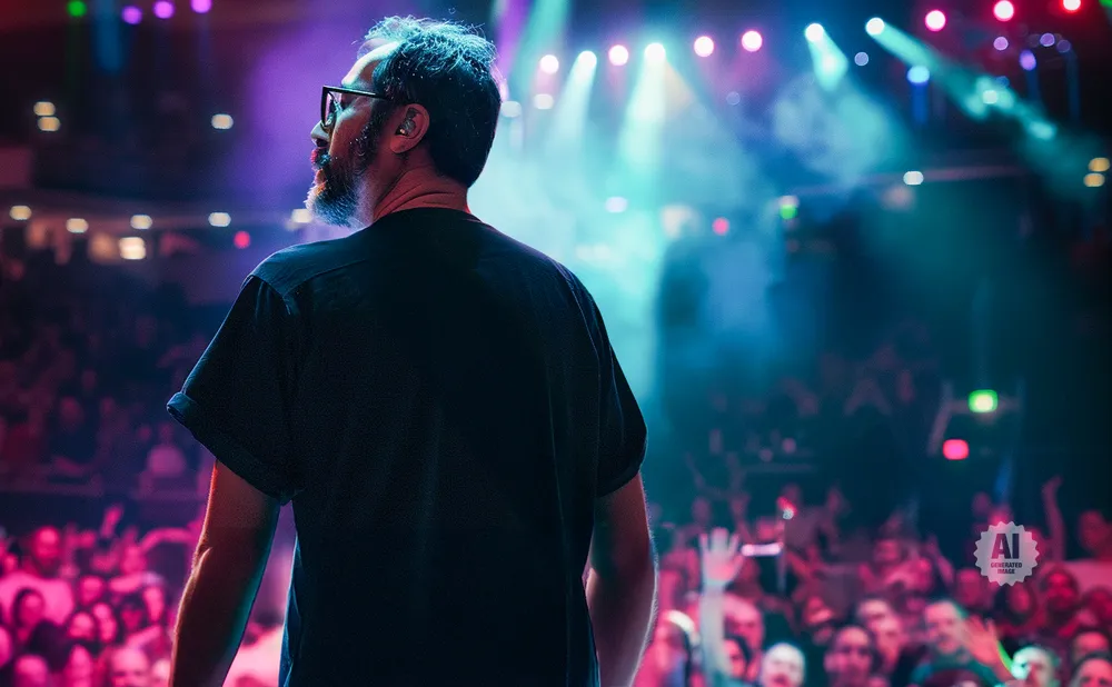 A man with glasses and a beard stands on stage facing a crowd under colorful stage lights.