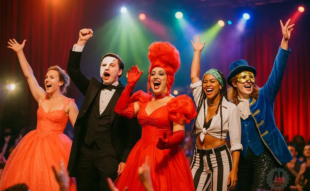 A cast of five performers in vibrant costumes cheer and raise their arms on stage.