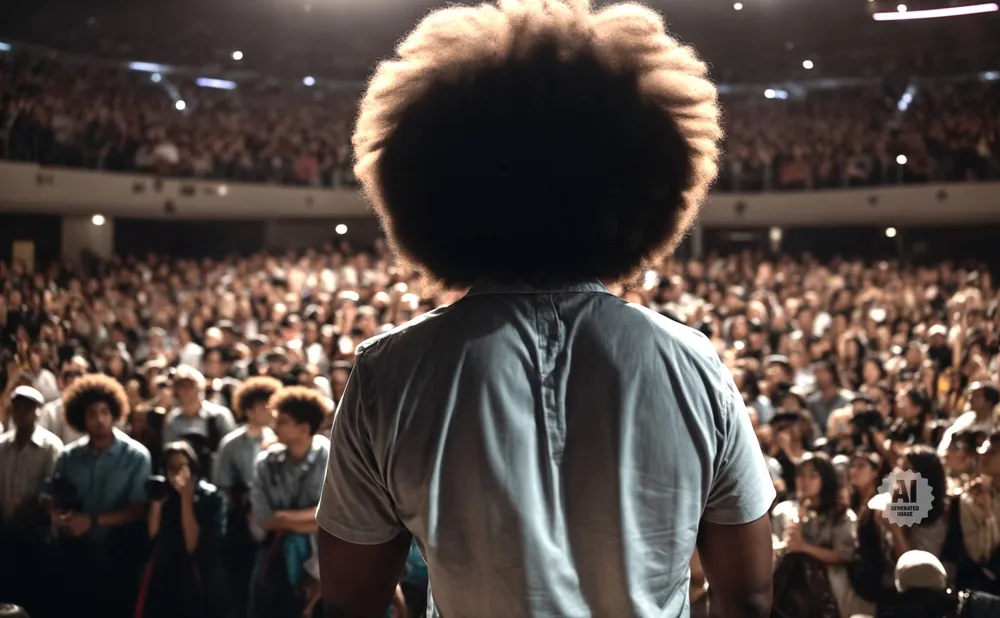 A person with a large afro stands facing a large, cheering audience in a dimly lit auditorium.